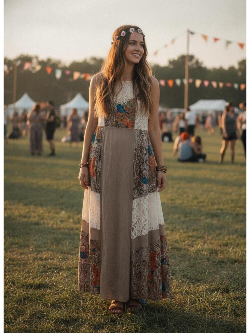 Ryu Stunning Bohemian Floral  Patchwork Maxi Dress with Lace Details Size Large